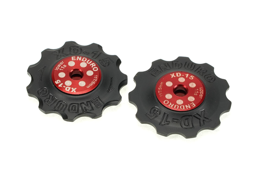 BKCJ-0302 - 11 tooth, XD15 Ceramic Hybrid Bearing, Machined Delrin Derailleur Pulleys for 11 speed Shimano Derailleurs (5mm bolt hole) - Red
