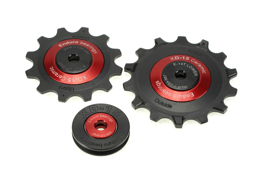 BKCJ-0500 - 12/14 tooth, XD15 Ceramic Hybrid Bearing, Machined Delrin Derailleur Pulleys for 12 speed SRAM Eagle Derailleurs (5mm bolt hole) - Red