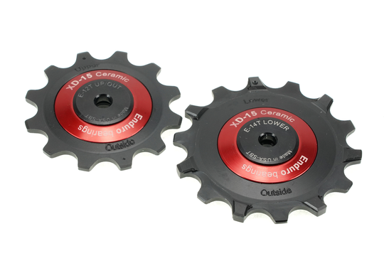 BKCJ-0505 - 12/14 tooth, XD15 Ceramic Hybrid Bearing, Machined Delrin Derailleur Pulleys for 12 speed SRAM Eagle AXS Derailleurs (5mm bolt hole) - Red